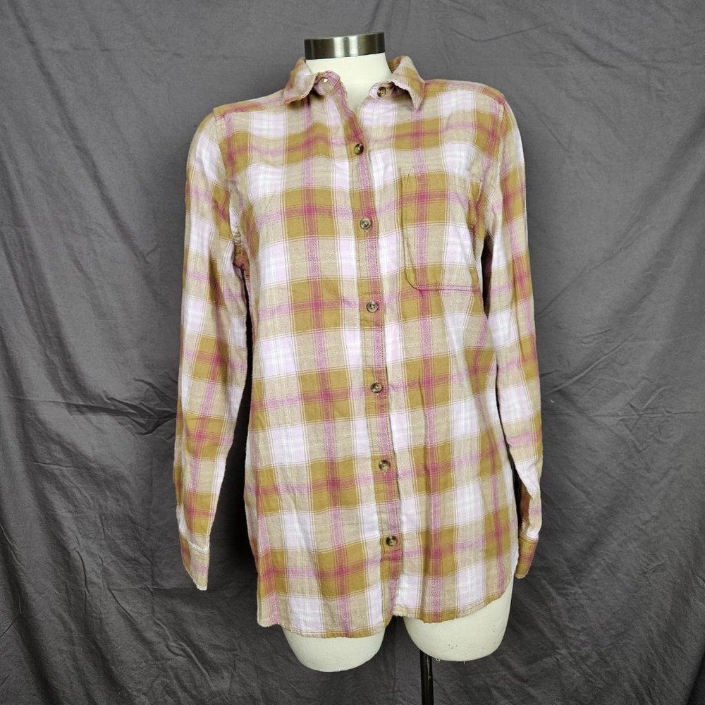 Flannel Shirt-SO Brand Tan and Pink Plaid Button Up Shirt Size M